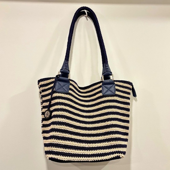 THE SAK‎ BAG Stripe Crochet Purse Navy Blue Off White - Picture 1 of 10